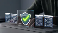 Businessman in computer doing online data documentation checklist survey. Security shield symbol with green checkmark hovers in center.