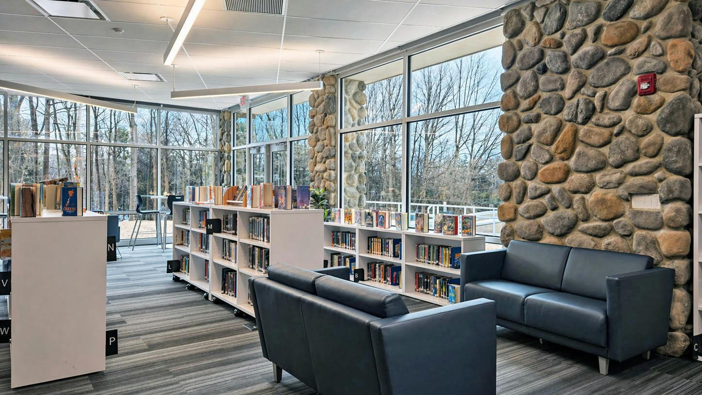Modern library/media center with lounge seating next to natural stone wall in foreground with bookshelves near floor-to-ceiling windows in background with linear lighting fixtures above.