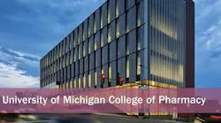 Exterior of new college of pharmacy building at dusk.