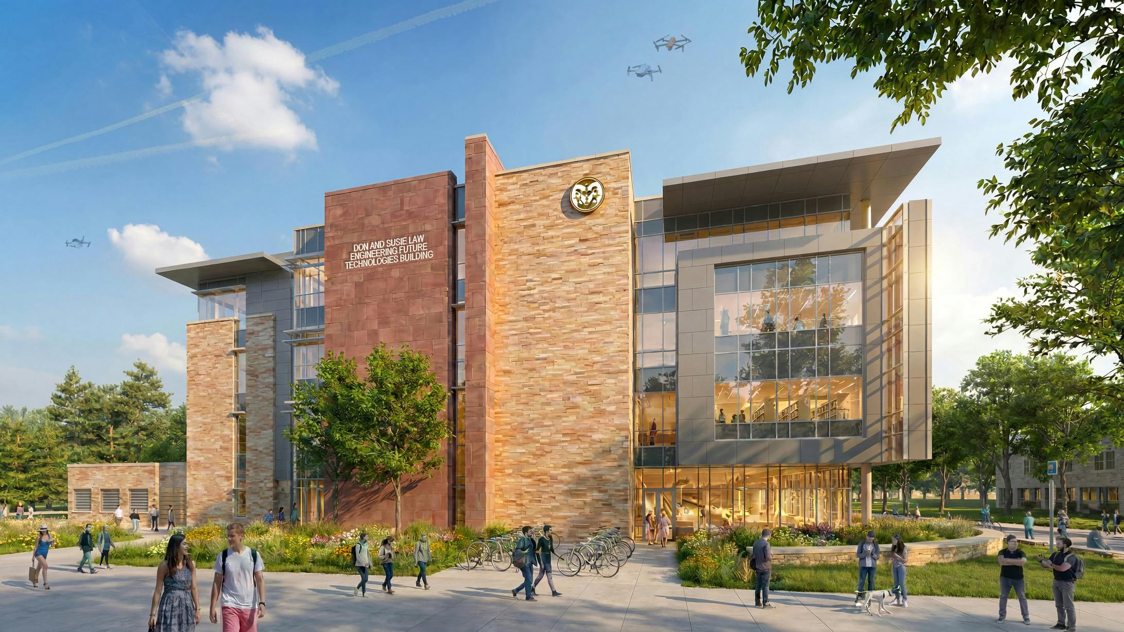 Computer rendering of new engineering building exterior with students walking outside.