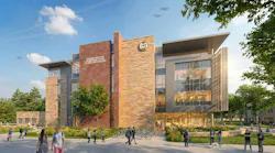 Computer rendering of new engineering building exterior with students walking outside.