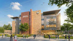 Computer rendering of new engineering building exterior with students walking outside.