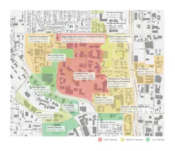 Campus heat map showing areas of low-, medium-, and high-intensity for natural gas usage by gross square feet.