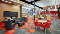 Contemporary lounge seating area in media center.
