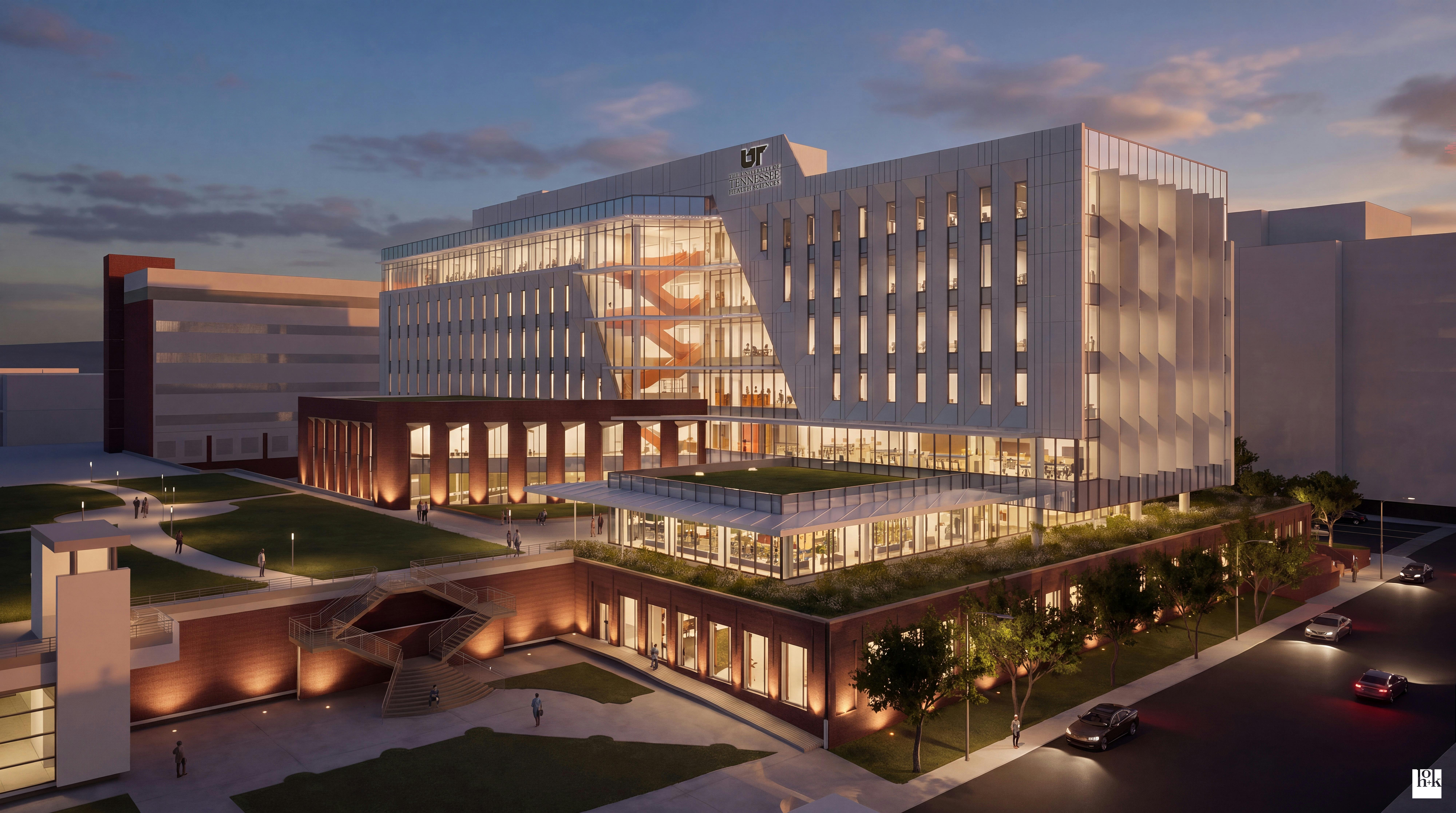 Rendering of new medical building at University of Tennessee at dusk.
