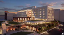 Rendering of new medical building at University of Tennessee at dusk.